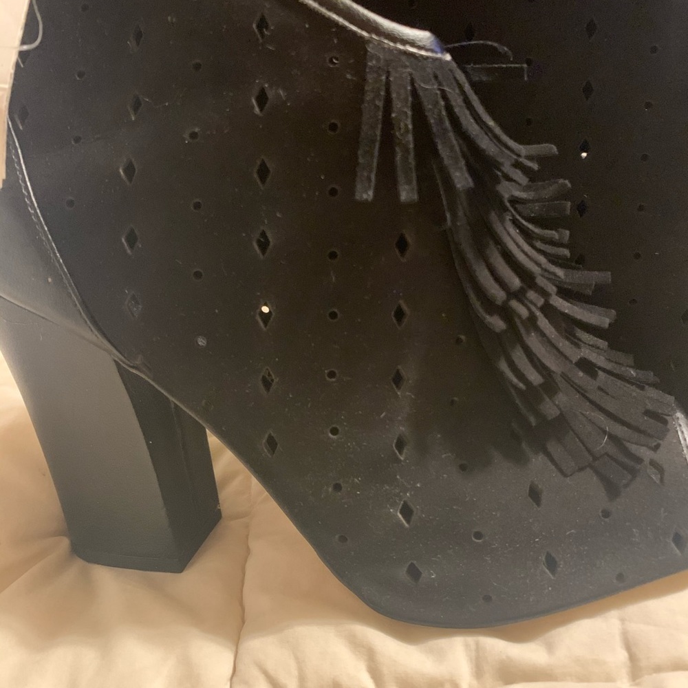 Peep toe black kid suede perforated fringe booties